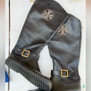 Tory Burch Black Leather Tall rain Boots with Gold Buckles